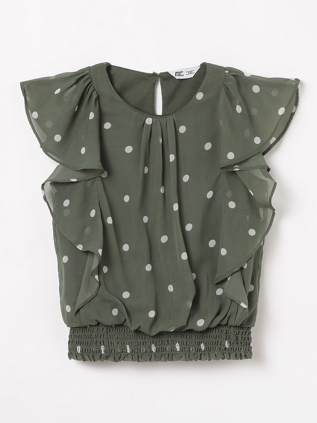 

Fame Forever by Lifestyle Girls Polka Dot Printed Flutter Sleeve Blouson Top, Green