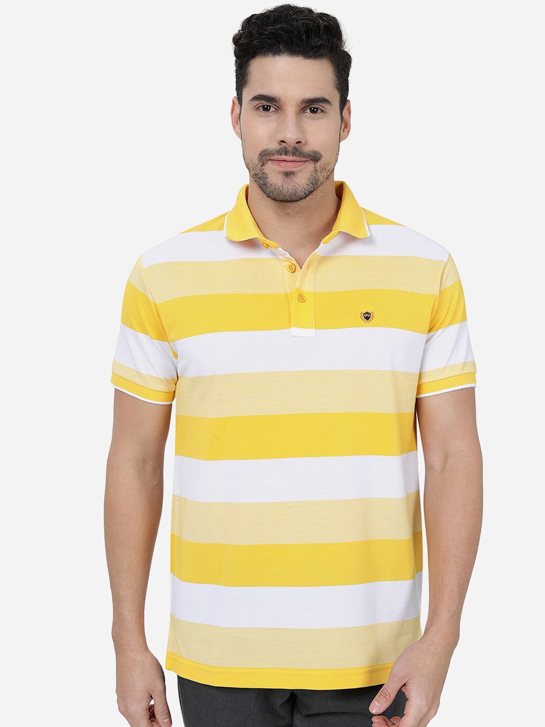 

JADE BLUE Striped Polo Collar Cotton Slim Fit T-shirt, Yellow