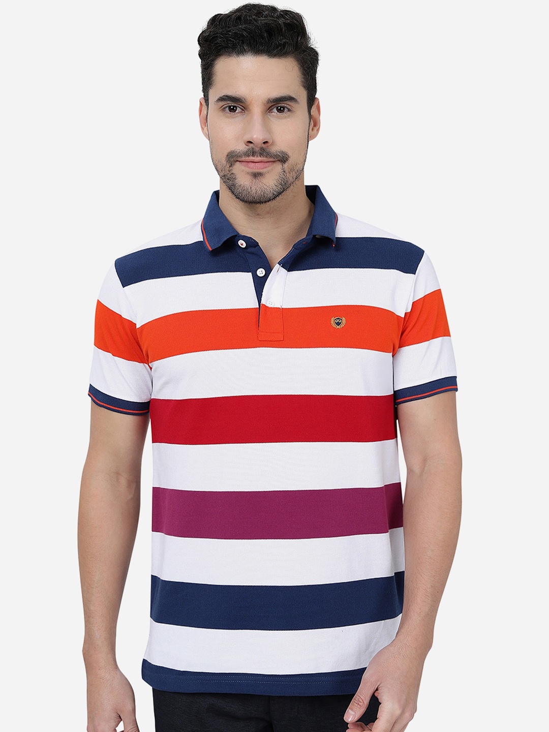 

JADE BLUE Striped Polo Collar Cotton Slim Fit T-shirt, White