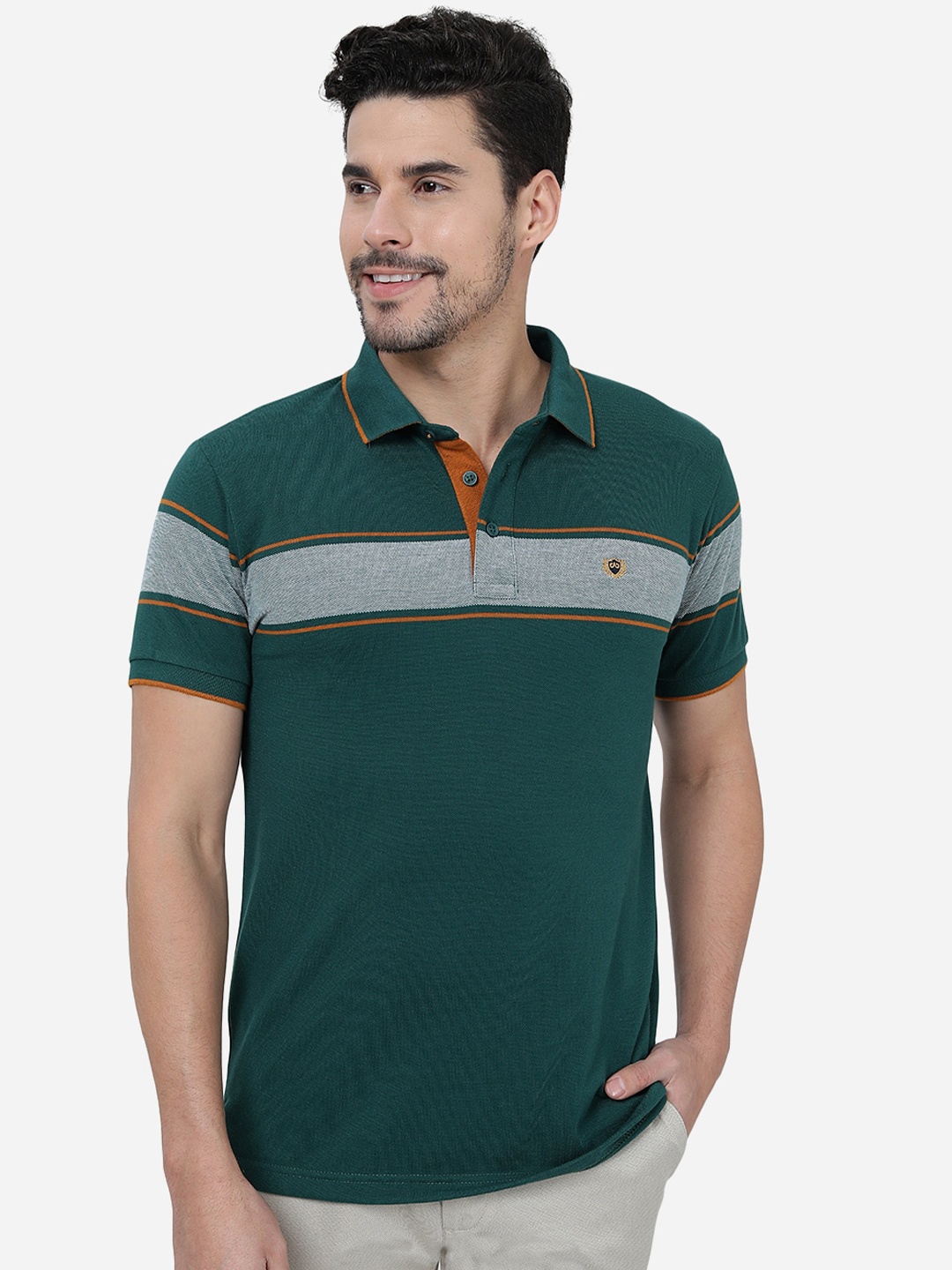 

JADE BLUE Striped Polo Collar Slim Fit Cotton T-shirt, Green