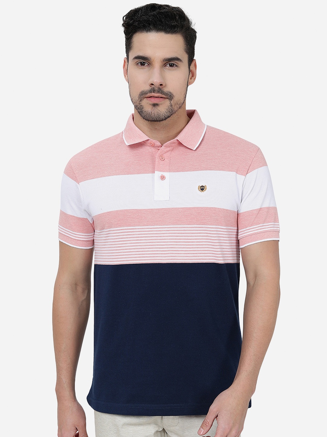 

JADE BLUE Striped Polo Collar Cotton Slim Fit T-shirt, Pink