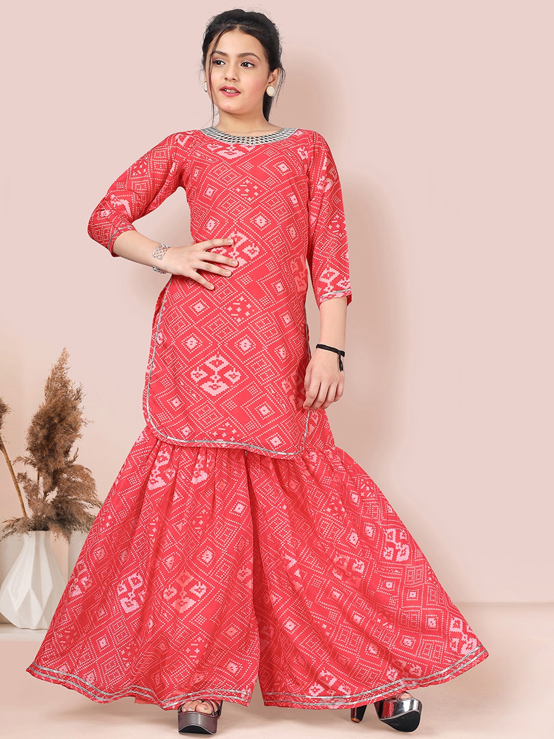 

FASHION DREAM Girls Tabby Silk Bandhani Printed Regular Kurti with Sharara, Coral
