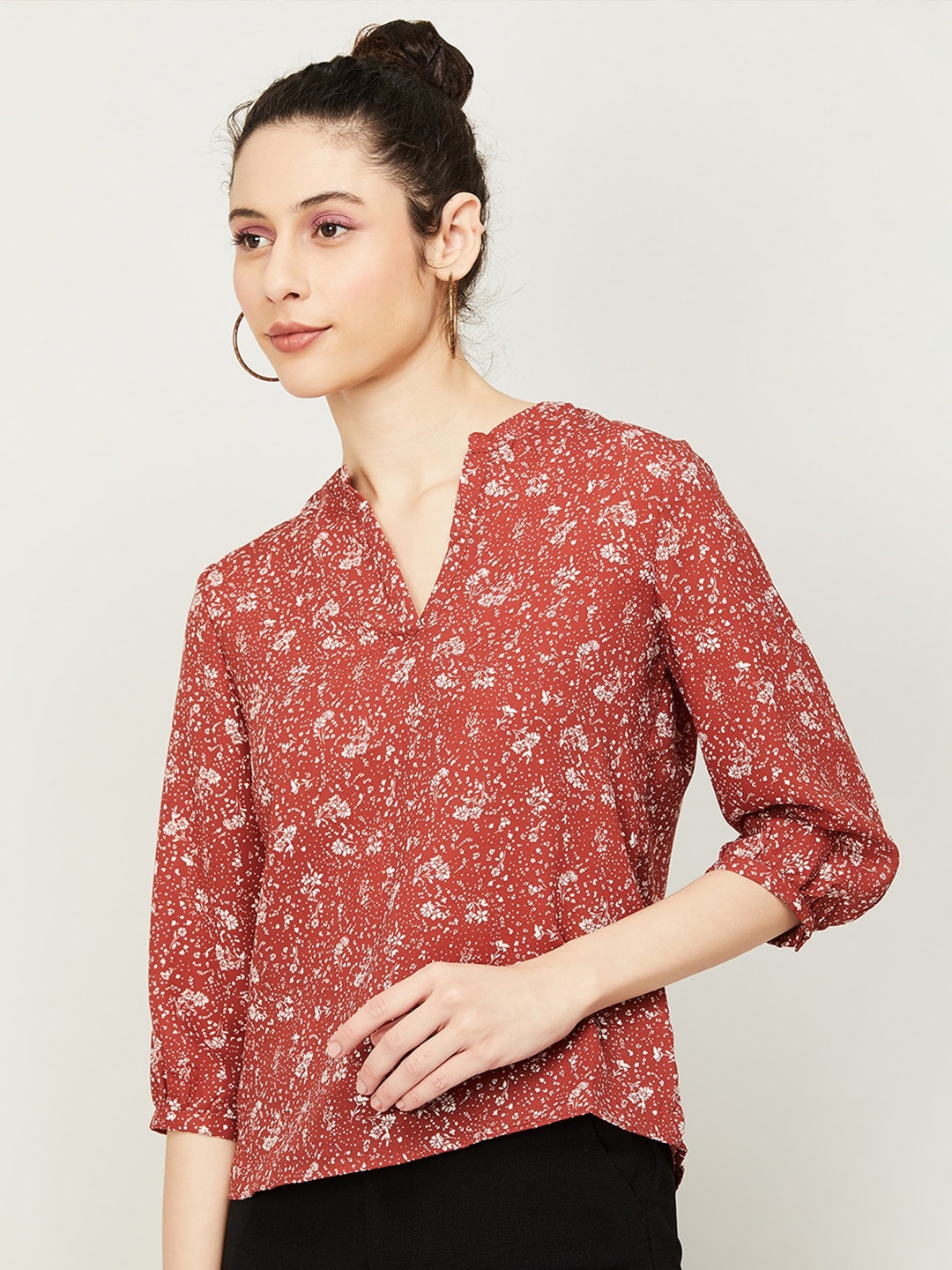 

CODE by Lifestyle Floral Print Mandarin Collar Top, Orange