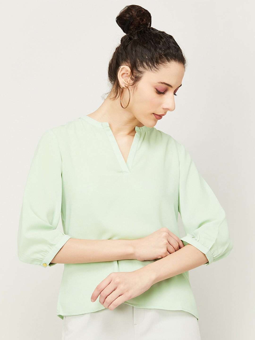 

CODE by Lifestyle Mandarin Collar Regular Sleeves Top, Green