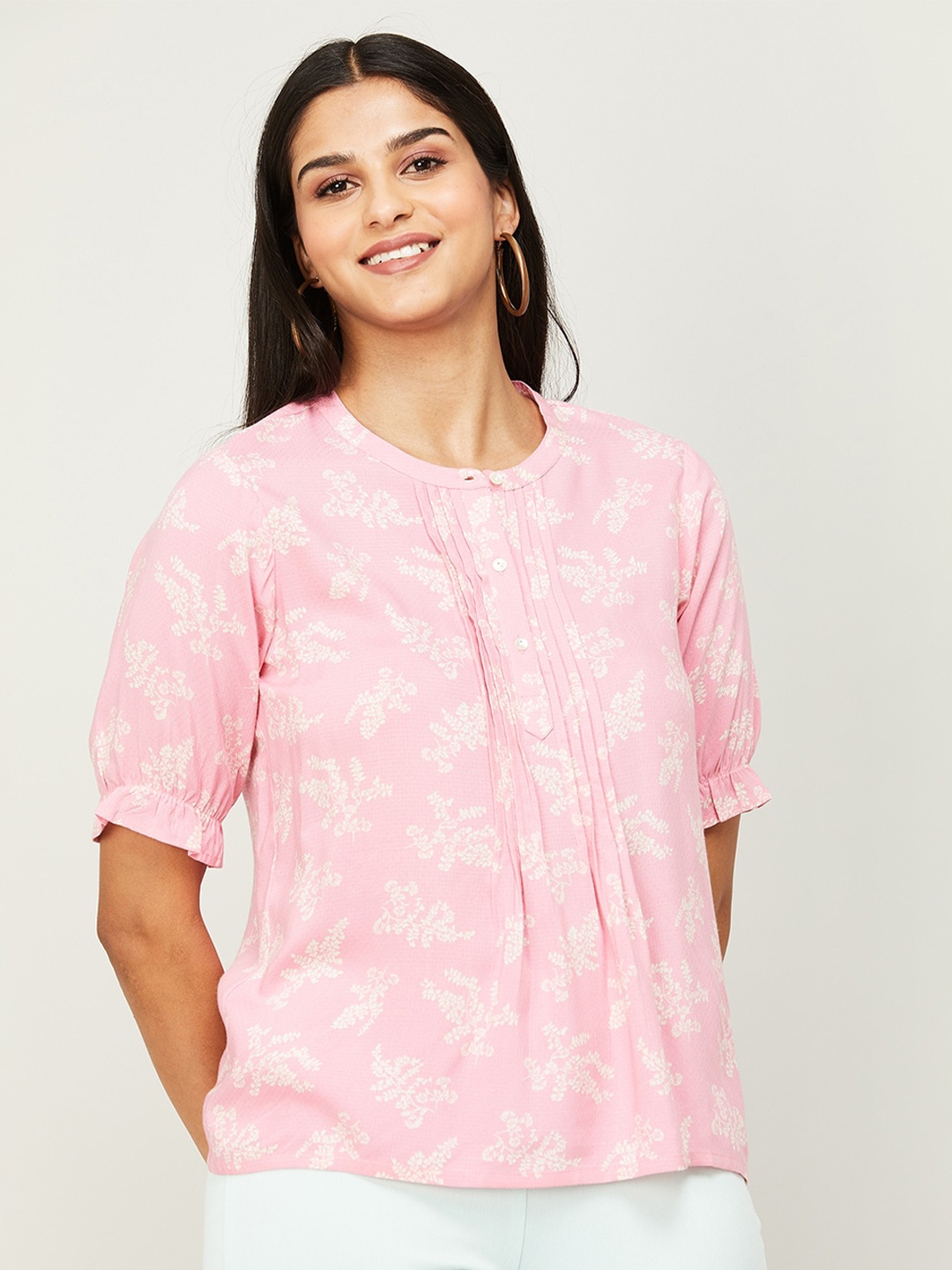 

CODE by Lifestyle Pleated Detail Floral Print Puff Sleeve Top, Pink