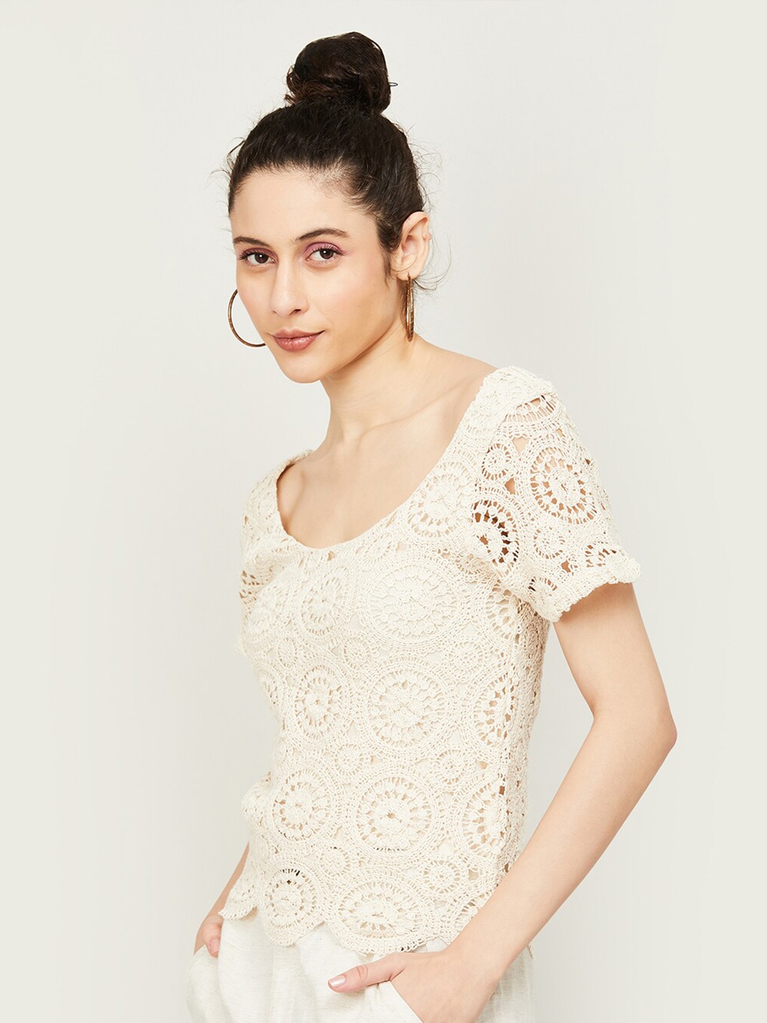 

CODE by Lifestyle Ethnic Motifs Self Design Scoop Neck Top, Beige