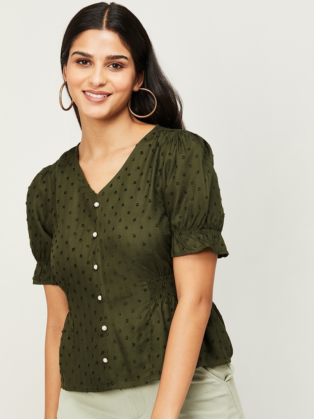 

CODE by Lifestyle V-Neck Smocked Puff Sleeve Top, Green