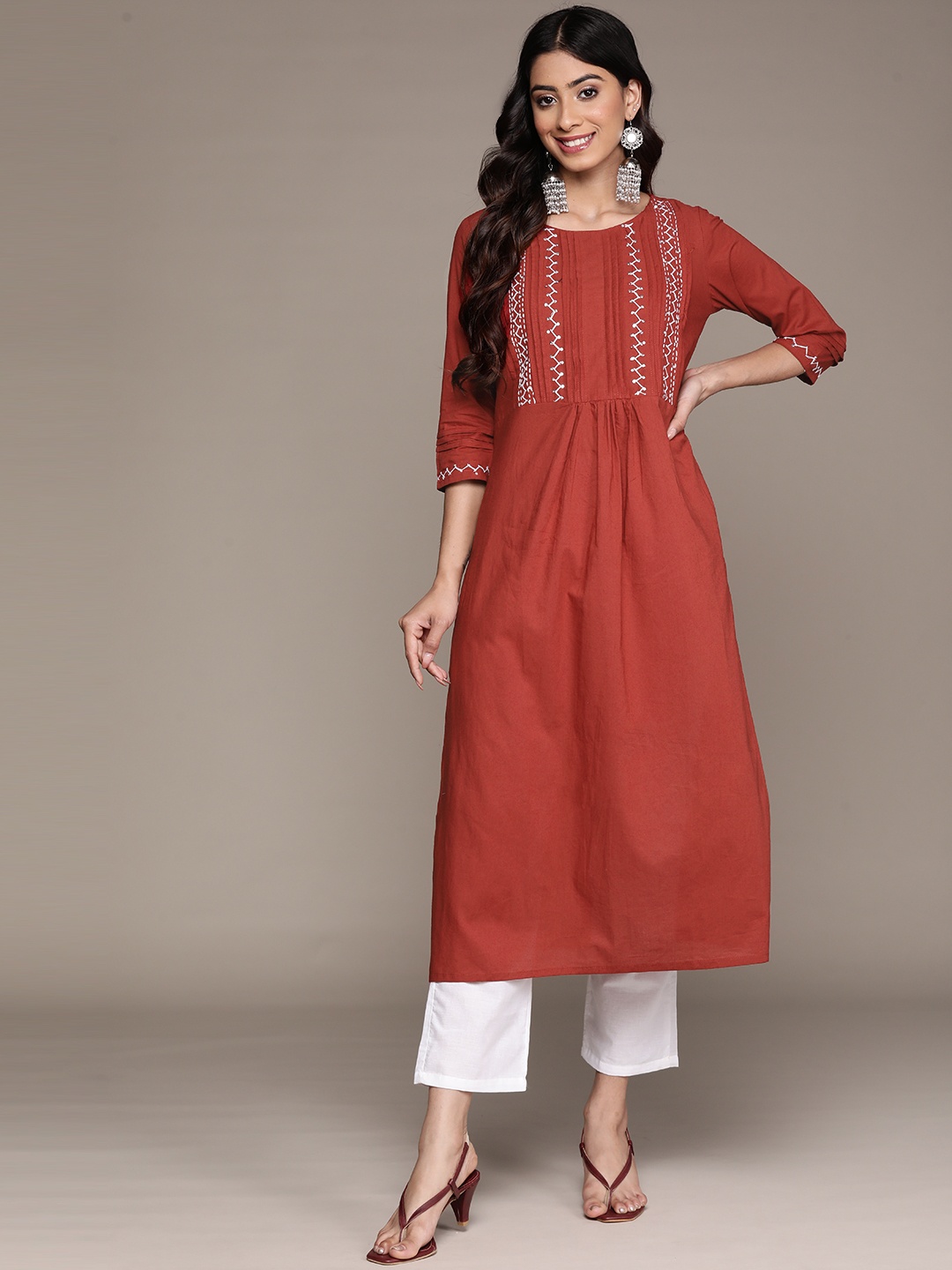 

Anubhutee Embroidered Pleated Sequinned Pure Cotton Kurta With Trousers, Rust