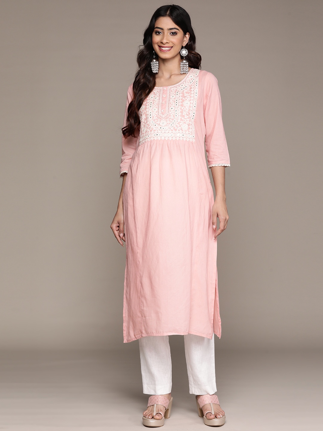 

Anubhutee Ethnic Motifs Embroidered Mirror Work Pastel Kurta, Pink