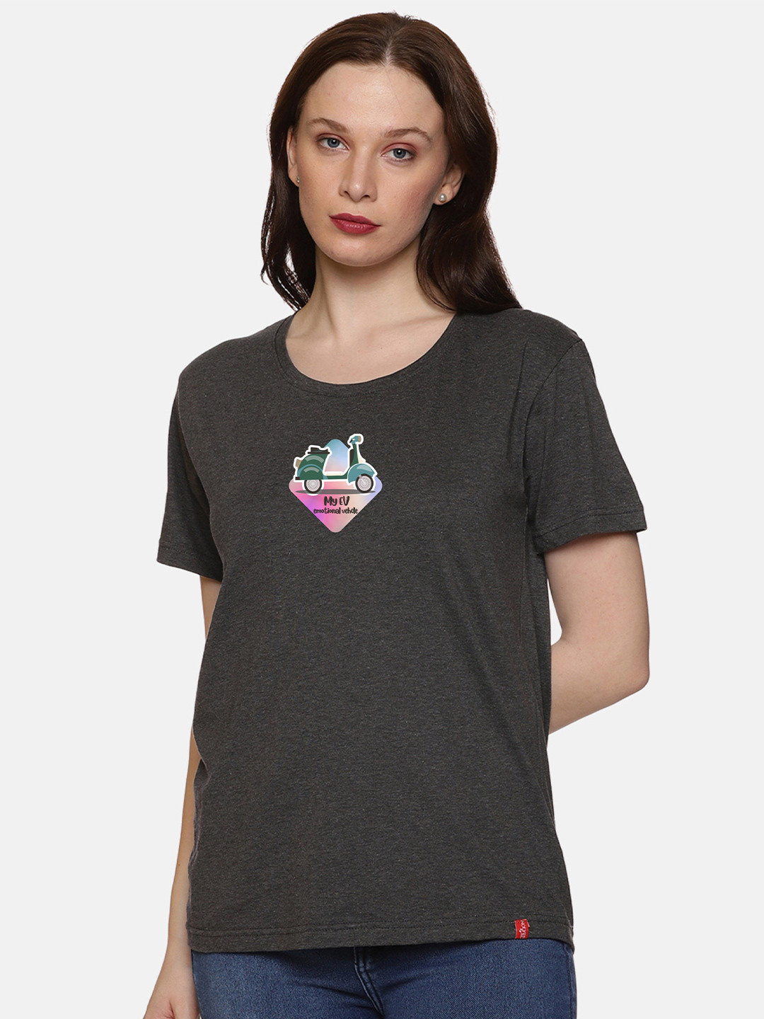 

NOT YET by us Graphic Printed Drop-Shoulder Sleeves Cotton T-Shirt, Grey