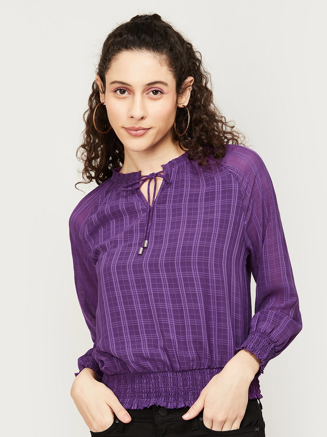 

Fame Forever by Lifestyle Checked Tie-Up Neck Raglan Sleeves Blouson Top, Purple