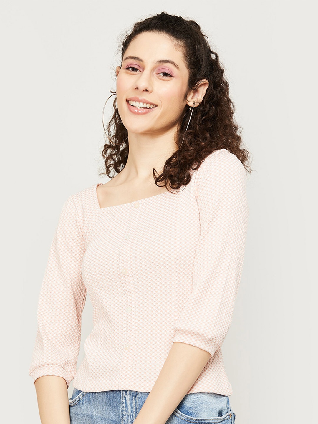 

Fame Forever by Lifestyle Checked Square Neck Puff Sleeves Top, Pink