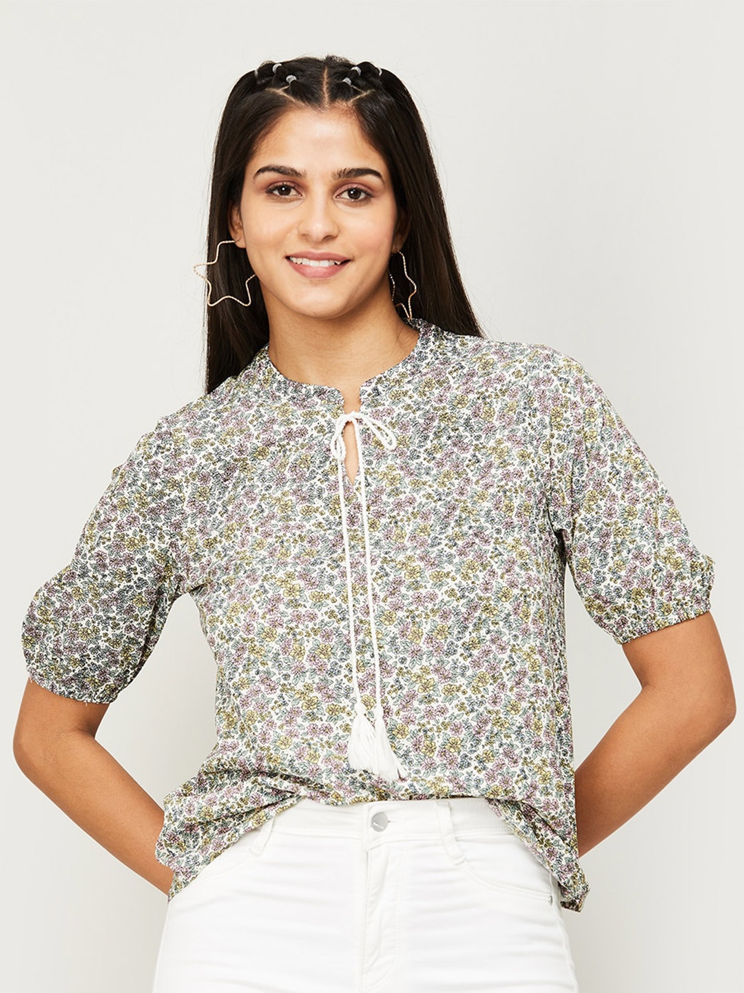 

Fame Forever by Lifestyle Floral Printed Tie-Up Neck Top, White