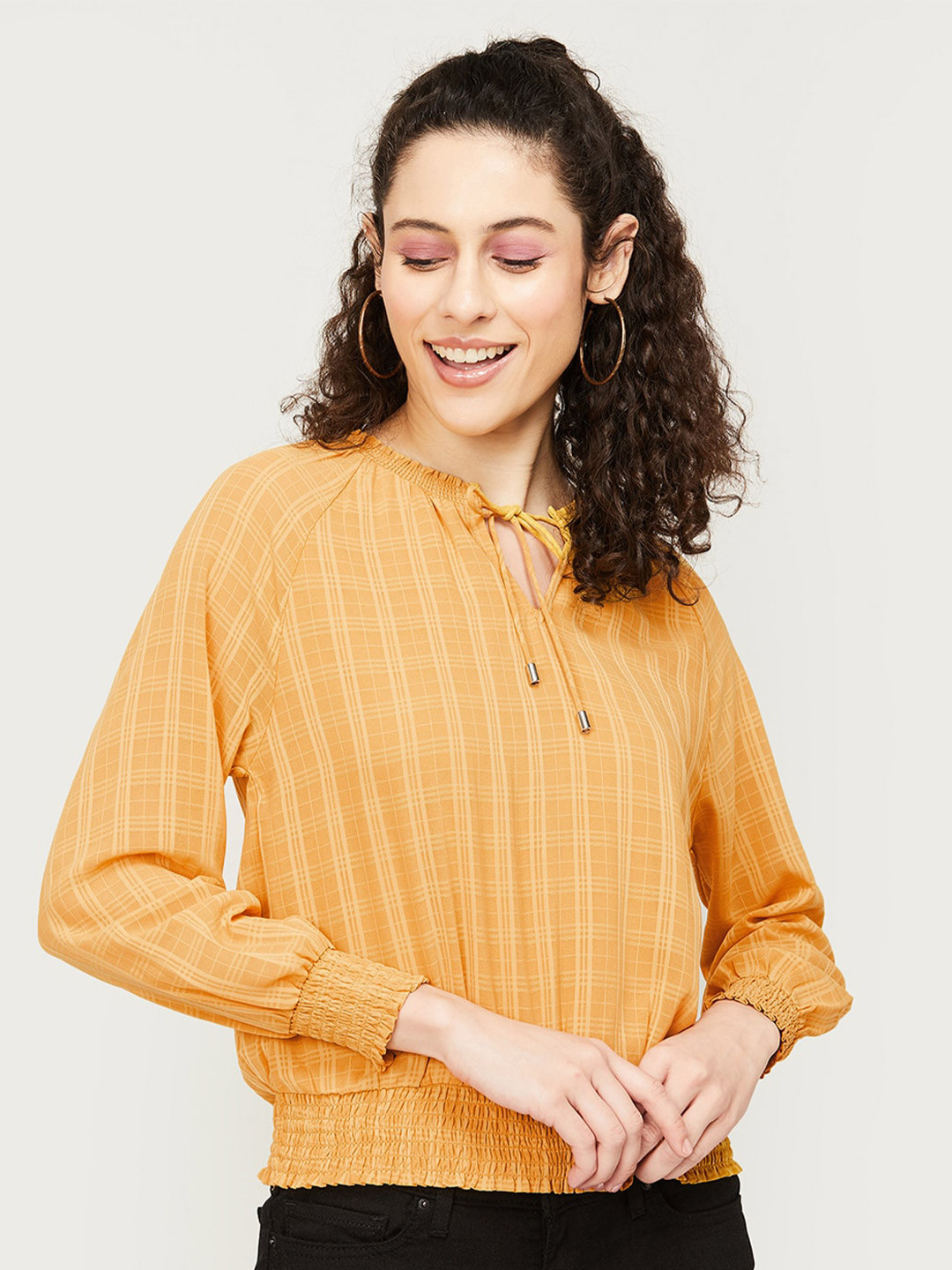 

Fame Forever by Lifestyle Checked Tie-Up Neck Smocked Top, Yellow
