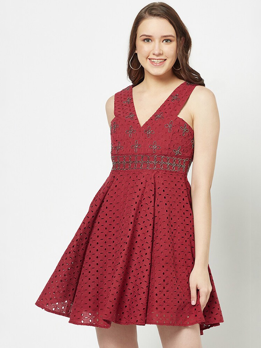 

HOUSE OF S V-Neck Sleeveless Self Design Mini Cotton Dress, Red