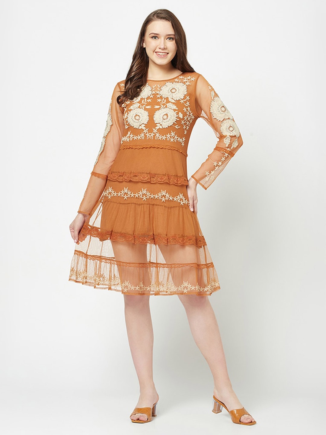 

HOUSE OF S Floral Embroidered Net A-Line Dress, Orange