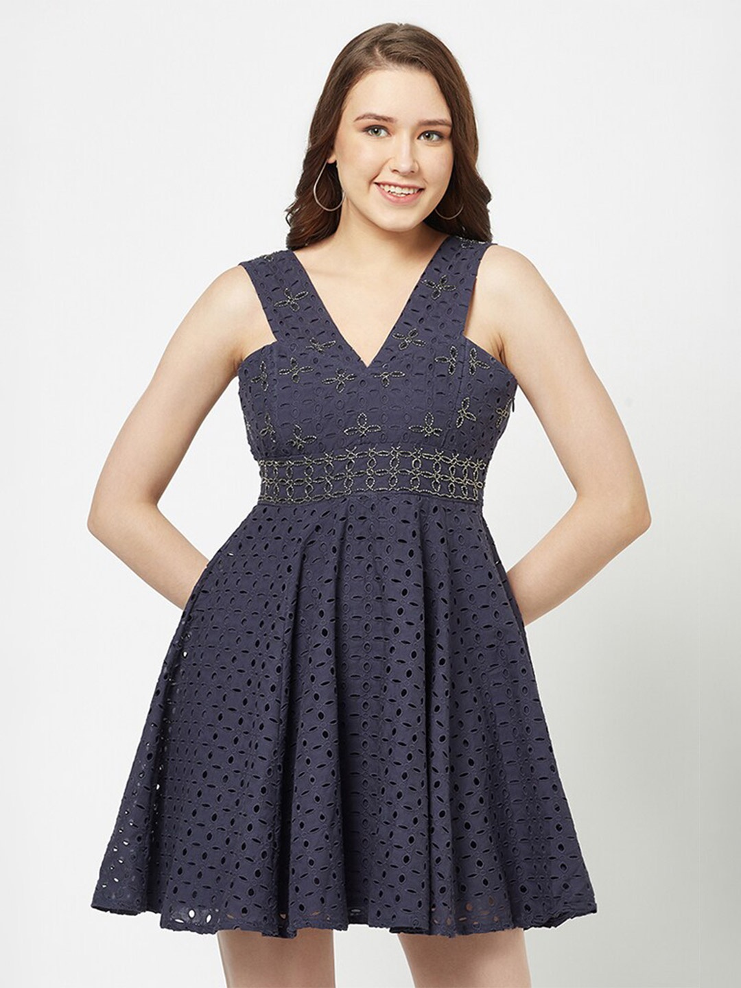 

HOUSE OF S Schiffli Self Design V-Neck Cotton Fit & Flare Dress, Navy blue