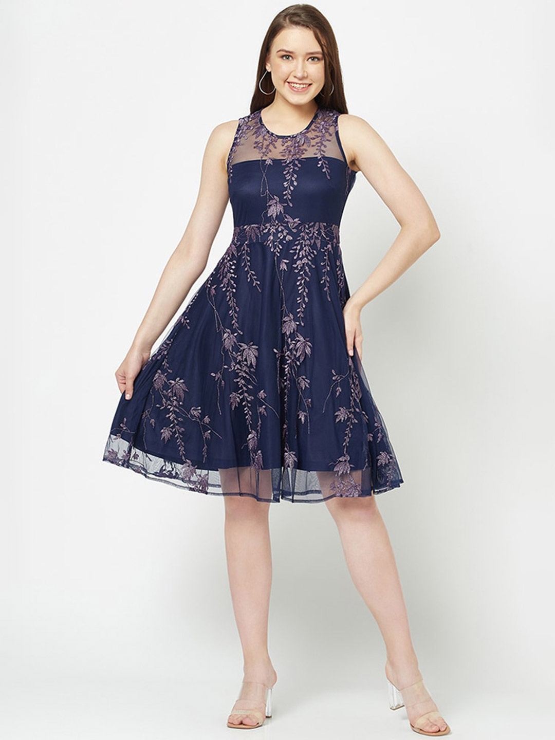 

HOUSE OF S Floral Embroidered Net Fit & Flare Dress, Navy blue