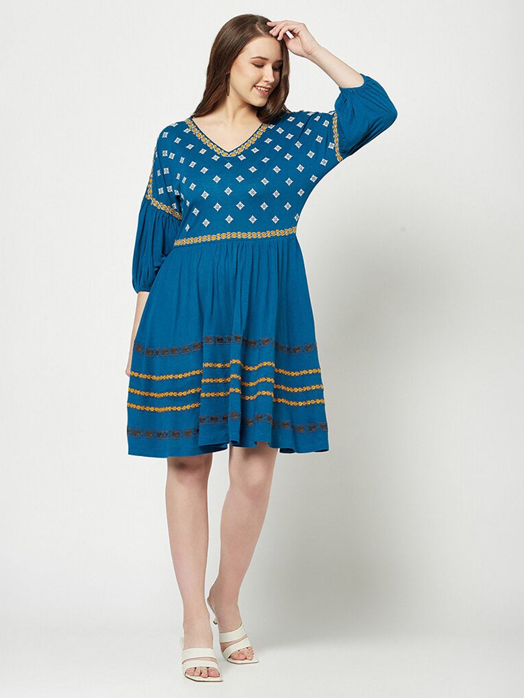 

HOUSE OF S Ethnic Motifs Embroidered Puff Sleeve Cotton Fit & Flare Dress, Blue