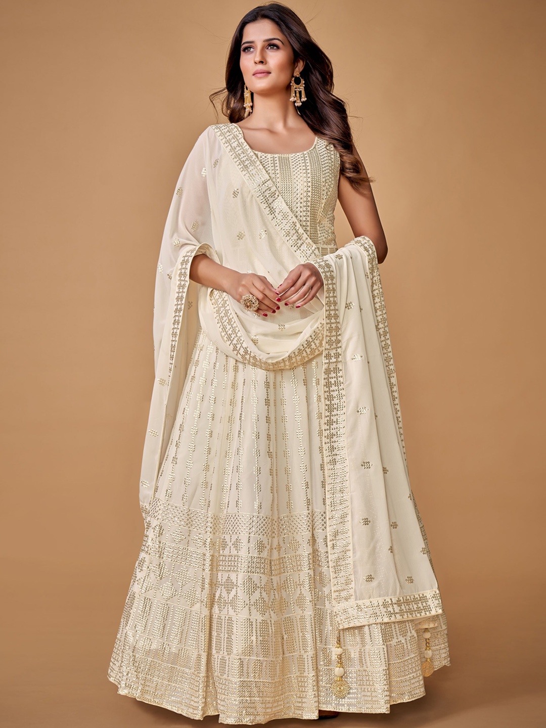 

Fusionic Embellished Georgette Sleeveless Maxi Gown Ethnic Dresses With Dupatta, White