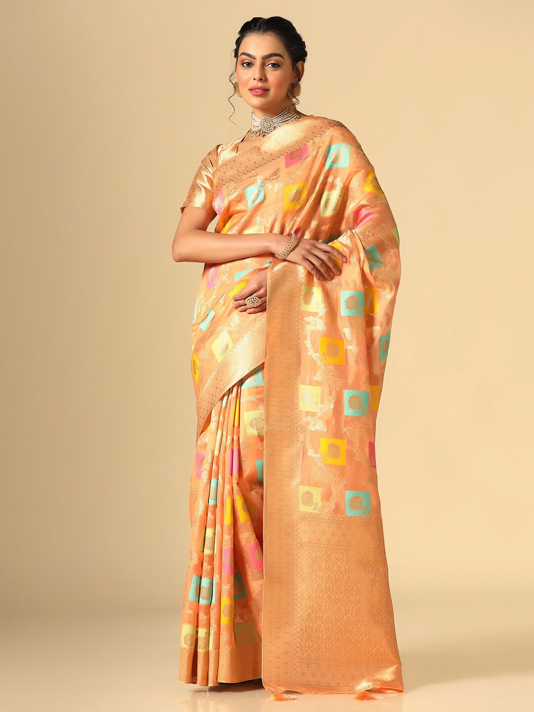 

Satrani Ethnic Motifs Woven Design Zari Silk Blend Bandhani Saree, Orange
