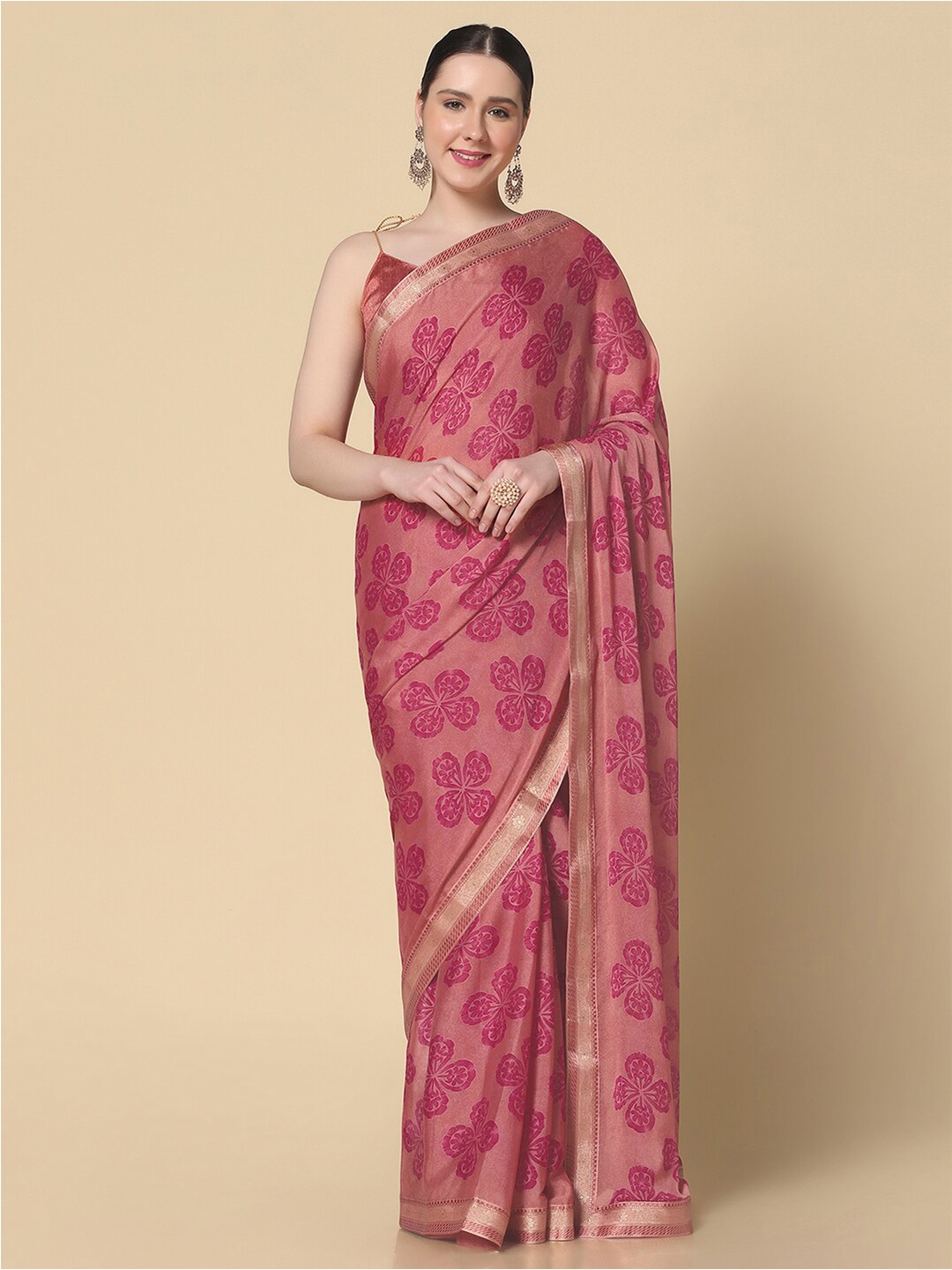 

Mitera Floral Printed Zari Saree, Pink