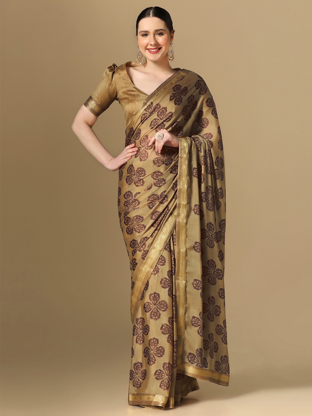 

Mitera Floral Printed Zari Saree, Brown
