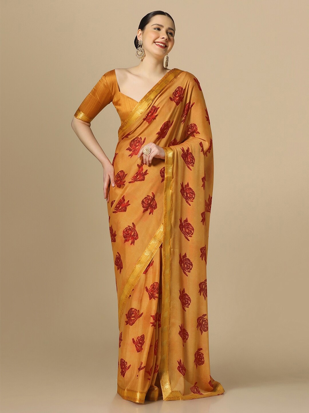 

Mitera Floral Printed Zari Saree, Mustard