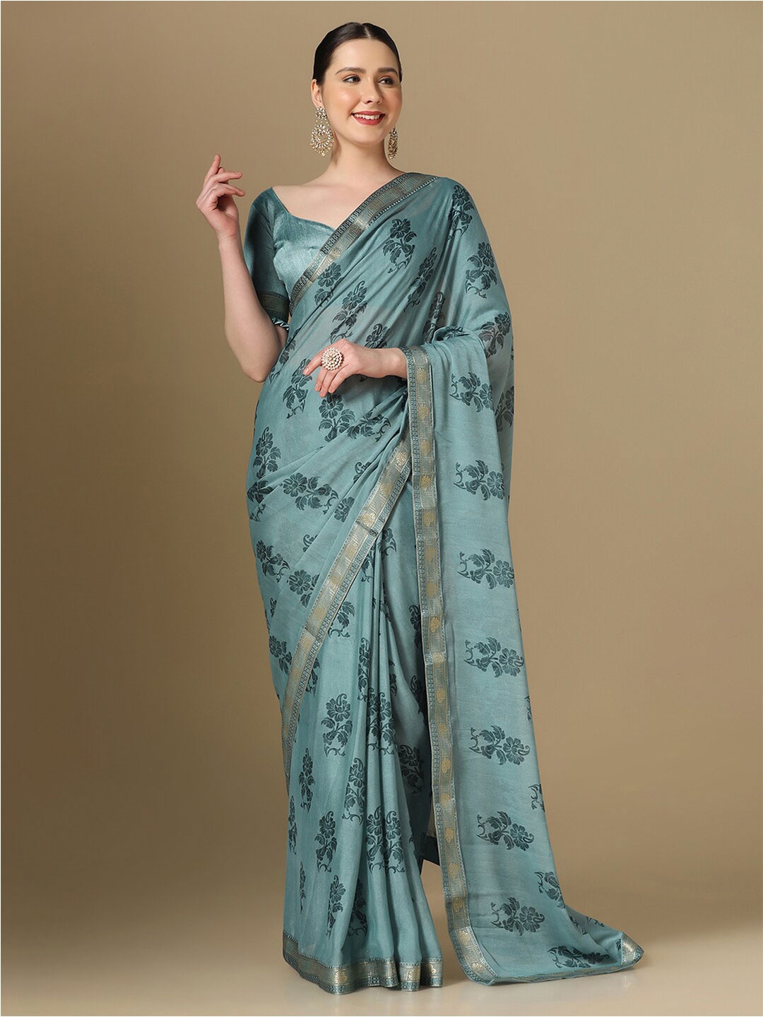 

Mitera Floral Printed Zari Saree, Blue