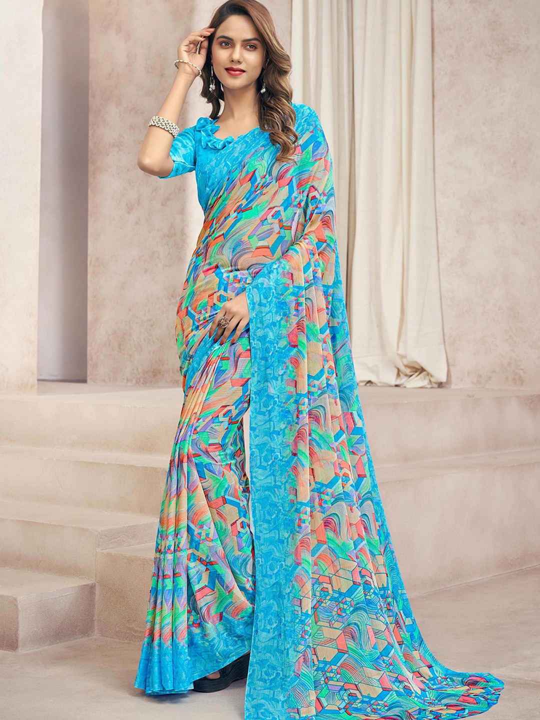 

Kasak Abstract Printed Poly Chiffon Saree, Blue