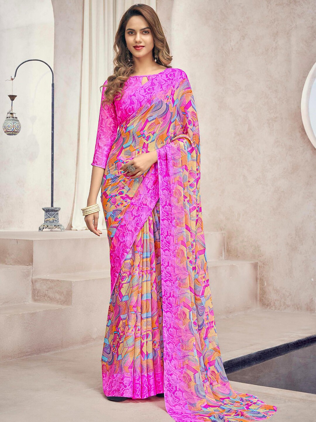 

Kasak Abstract Printed Saree, Pink