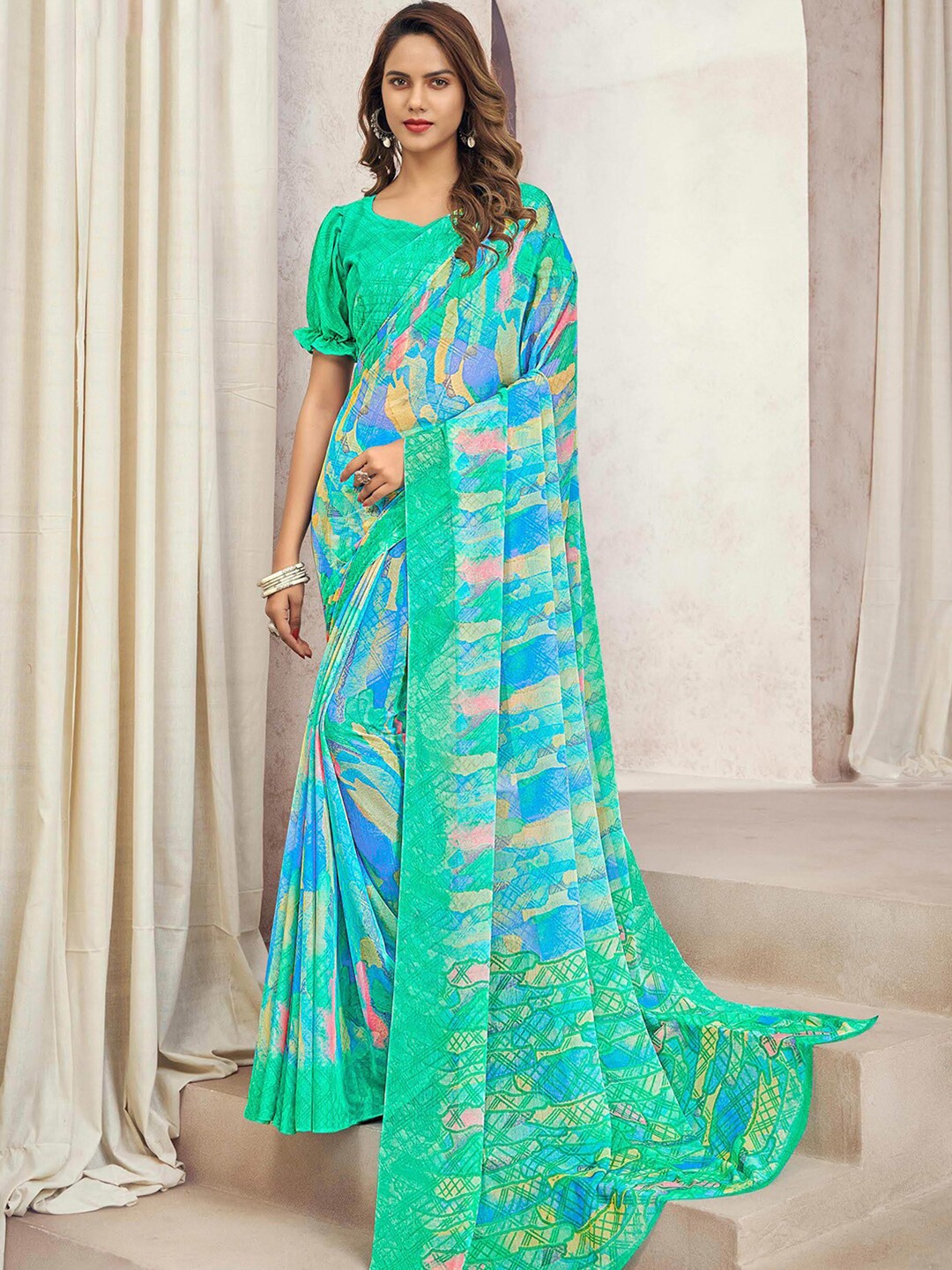 

Kasak Abstract Block Print Chiffon Saree, Turquoise blue