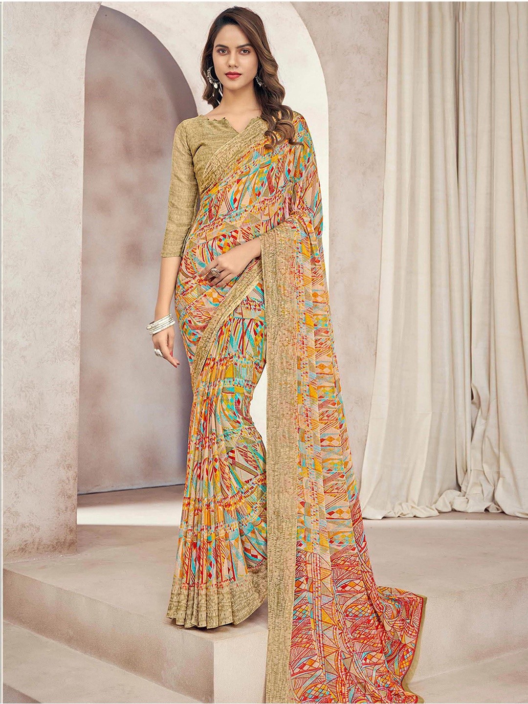 

Kasak Abstract Block Print Saree, Camel brown