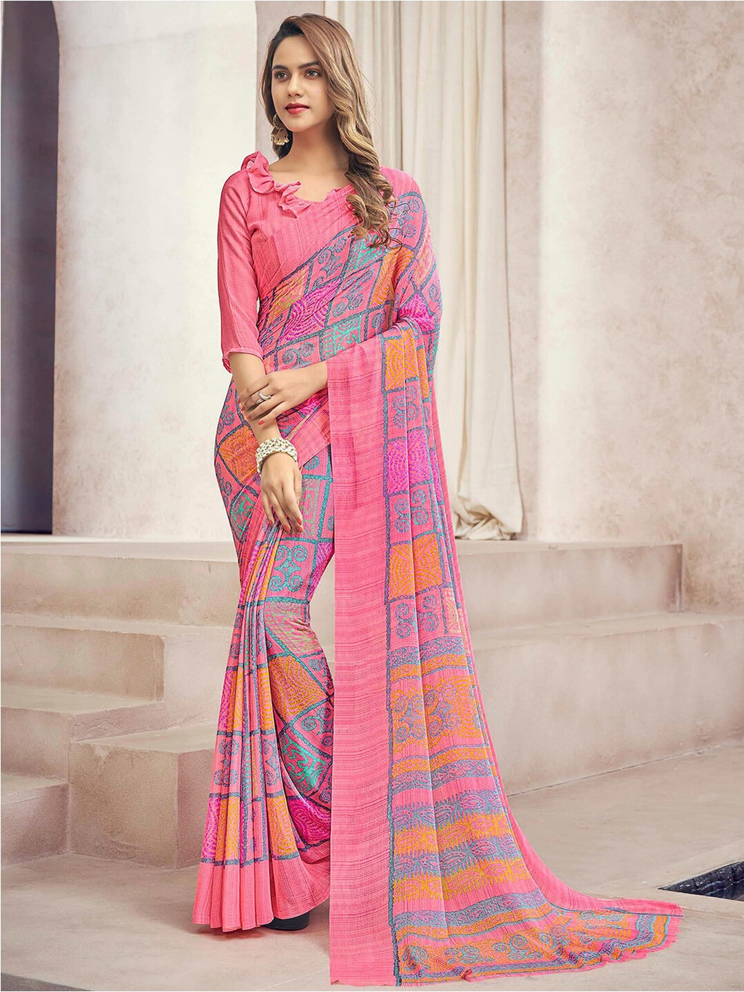 

Kasak Ethnic Motifs Printed Poly Chiffon Saree, Pink