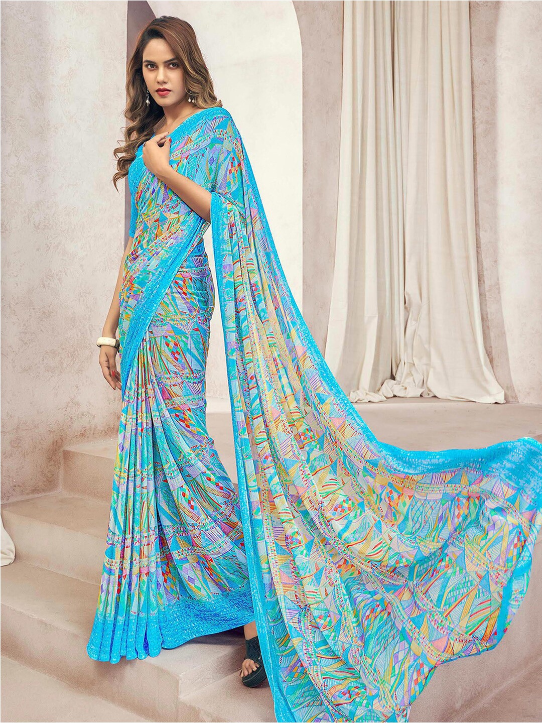 

Kasak Abstract printed Poly Chiffon Block Print Saree, Blue