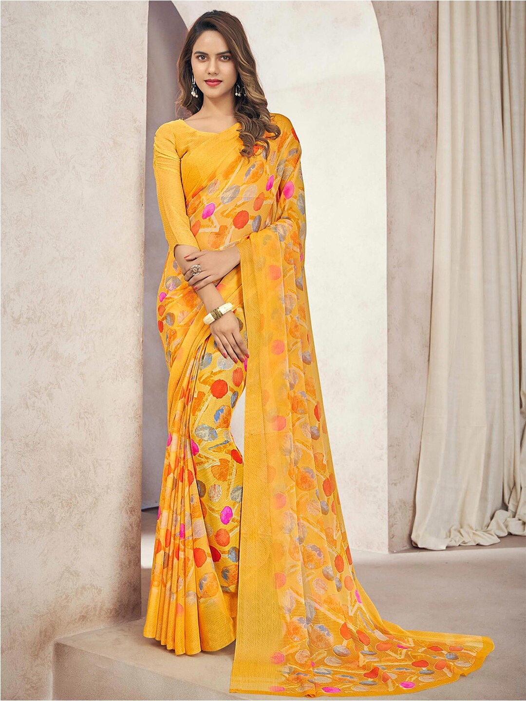 

Kasak Geometric printed Poly Chiffon Block Print Saree, Yellow