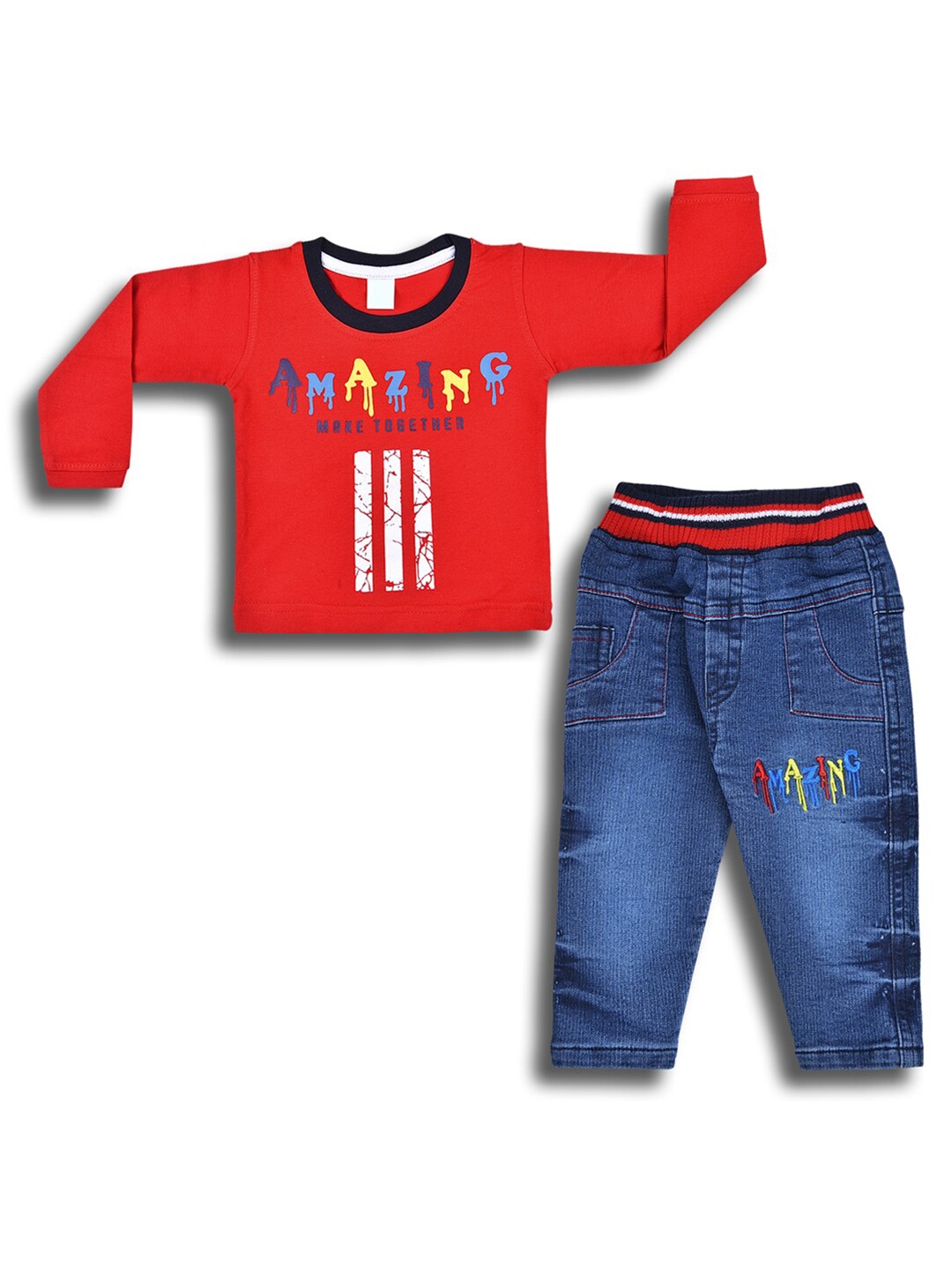 

Wish Karo Boys Printed Cotton T-shirt with Trousers, Red