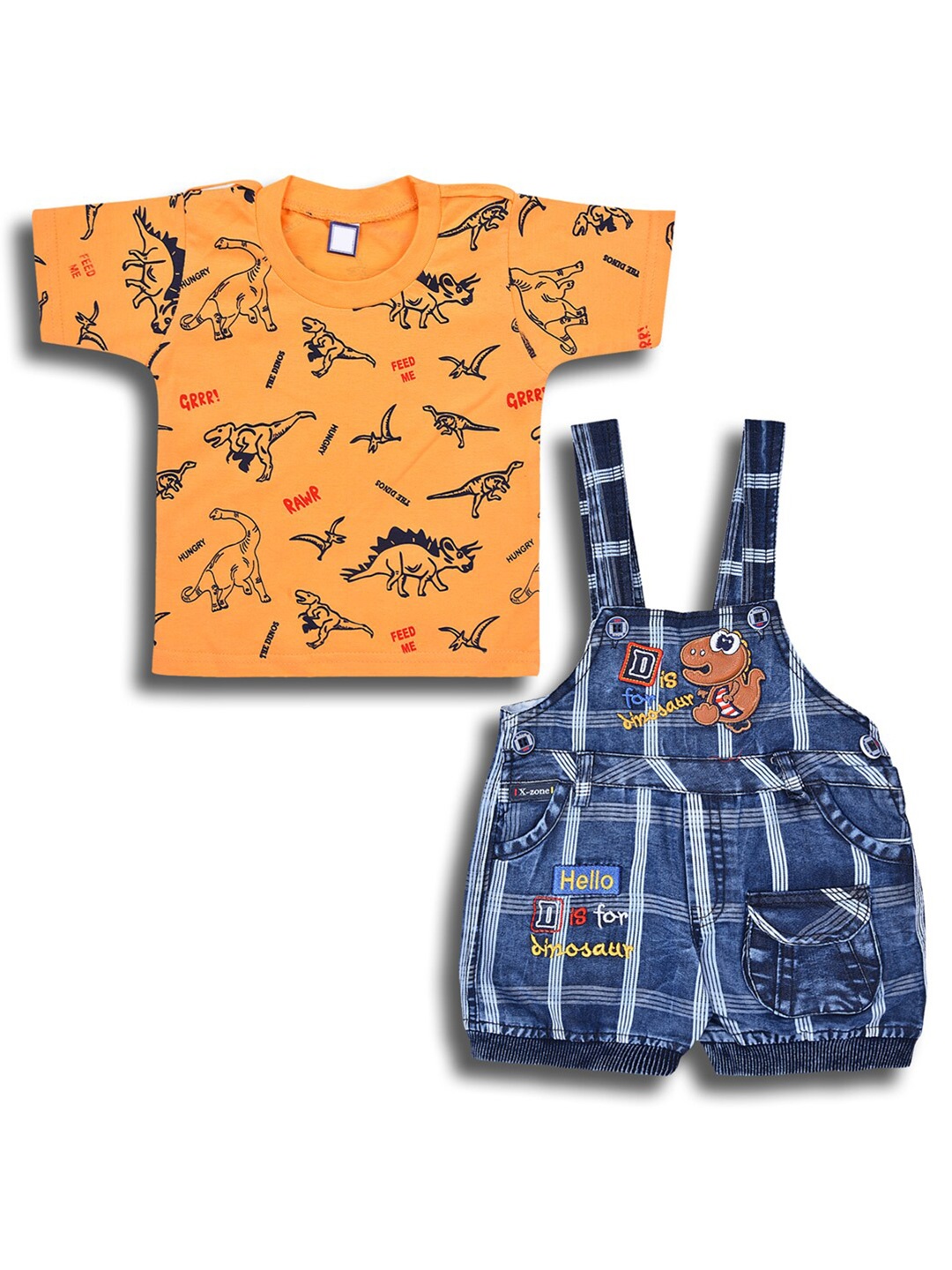 

Wish Karo Infant Boys Printed Round Neck T-shirt with Dungaree Clothing Set, Orange