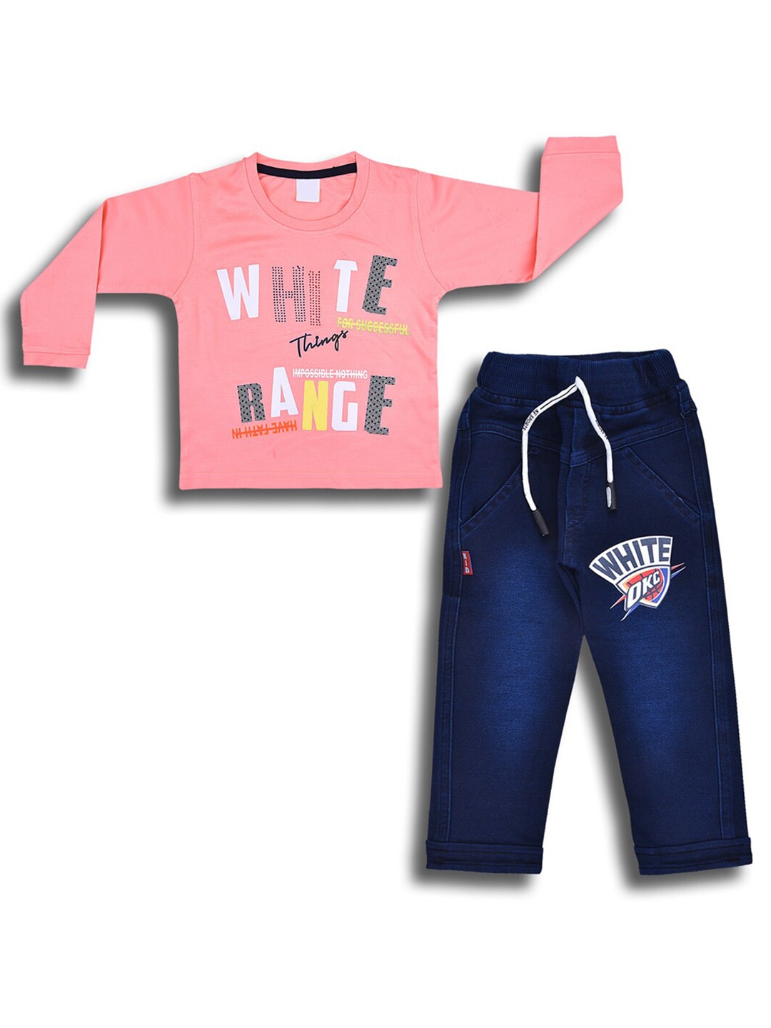 

Wish Karo Boys Printed Round Neck Long Sleeves T-shirt with Jeans Clothing Set, Peach