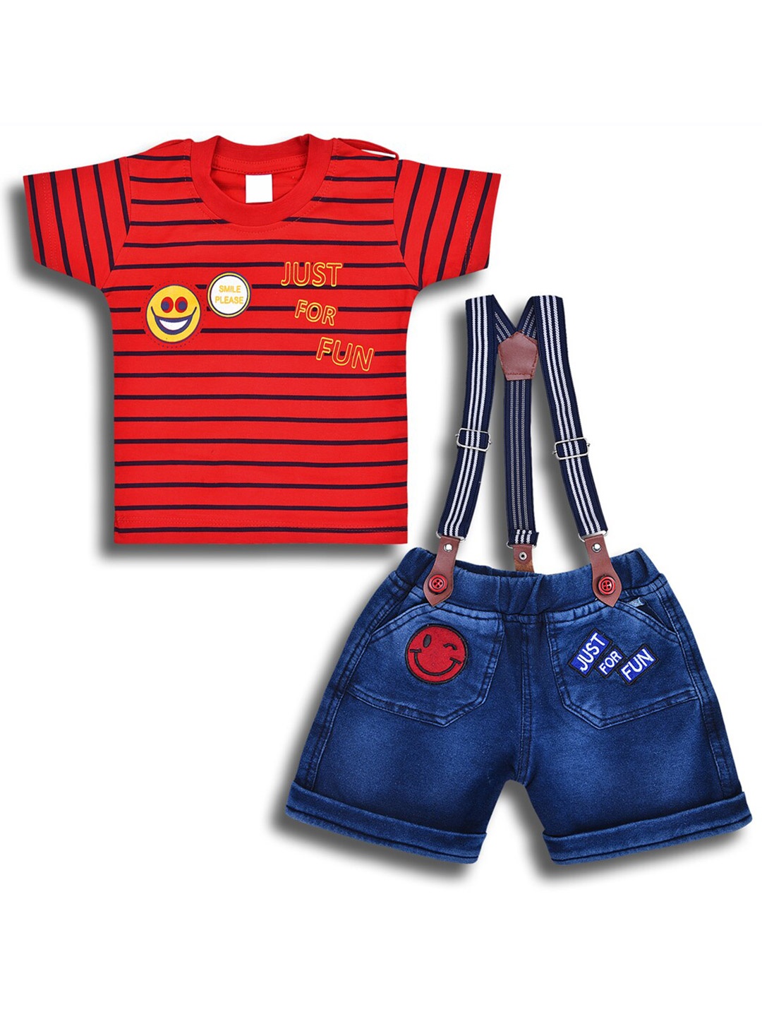

Wish Karo Infants Boys Striped T-shirt with Dungaree, Red