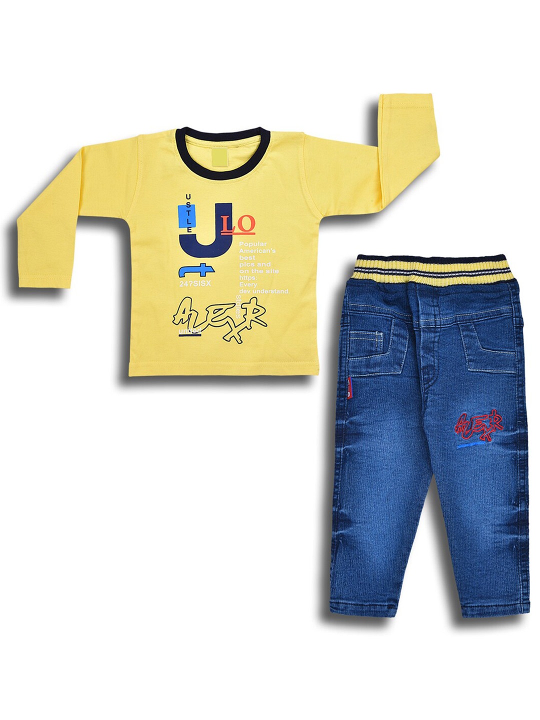 

Wish Karo Boys Printed T-shirt with Jeans, Yellow