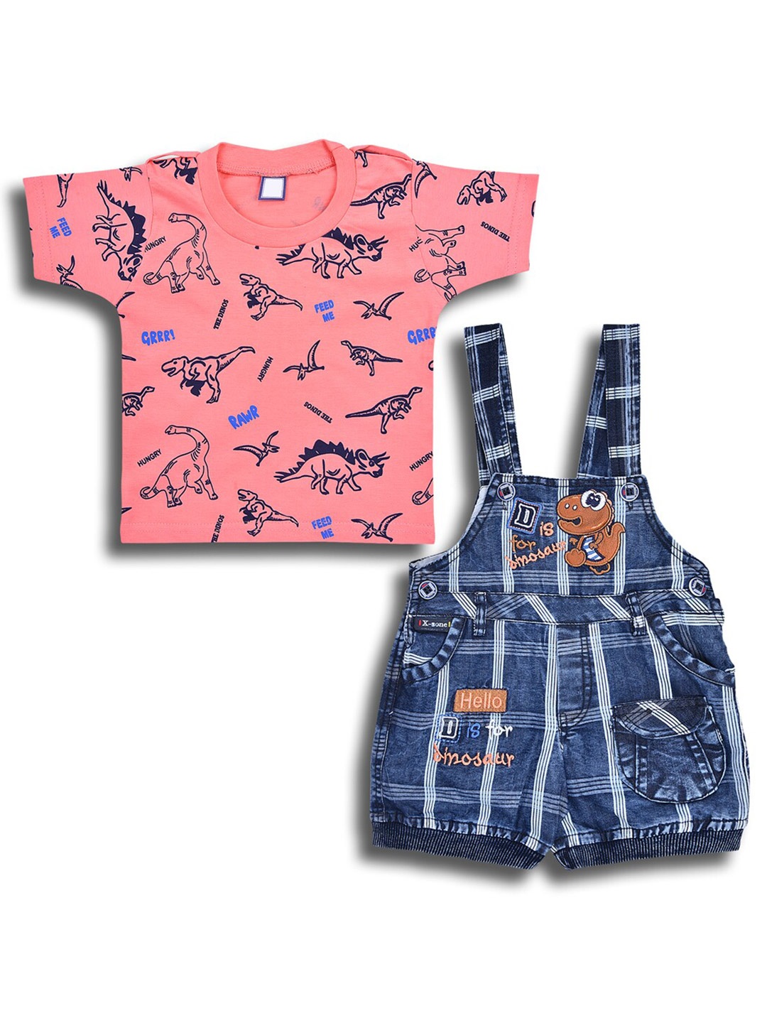 

Wish Karo Boys Printed Cotton Denim Dungaree With T-shirt, Peach