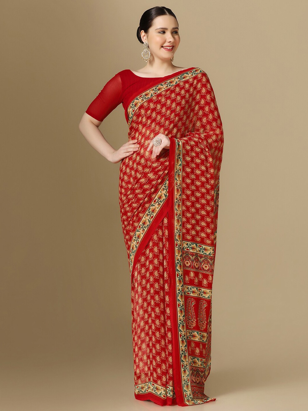 

Mitera Paisley Printed Saree, Red