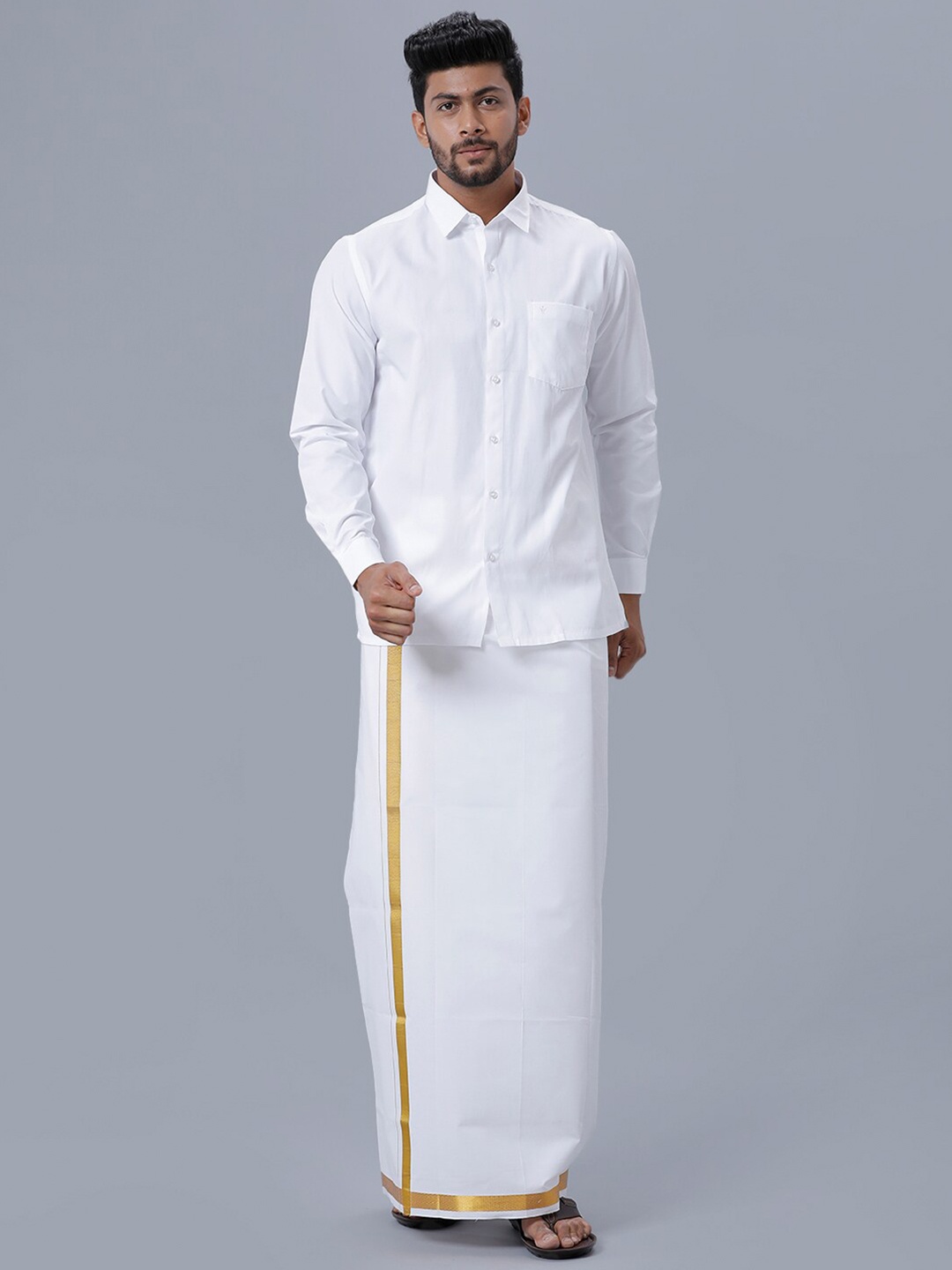 

Ramraj Men Cotton Shirt with Zari Dhoti, White