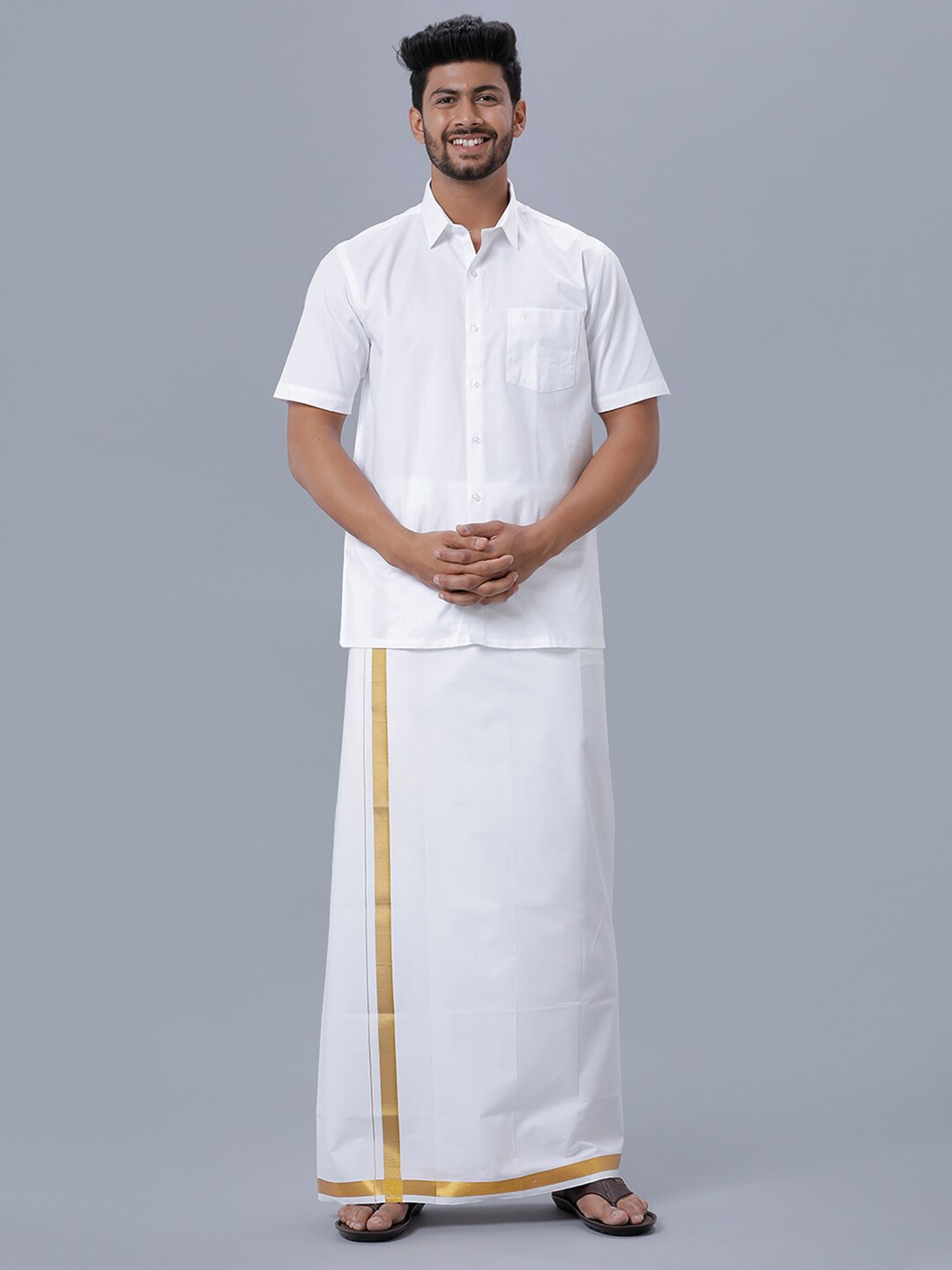 

Ramraj Men Pure Cotton Shirt with Zari Dhoti Pants, White