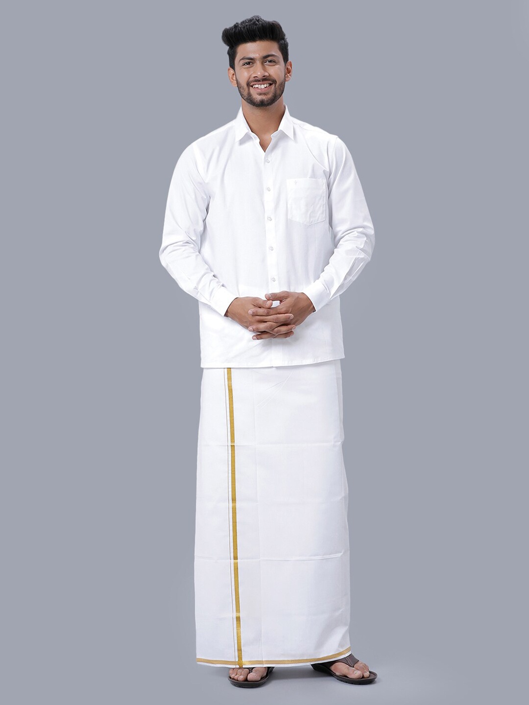 

Ramraj Men Spread Collar Pure Cotton Long Sleeves Shirt with Dhoti Set, White