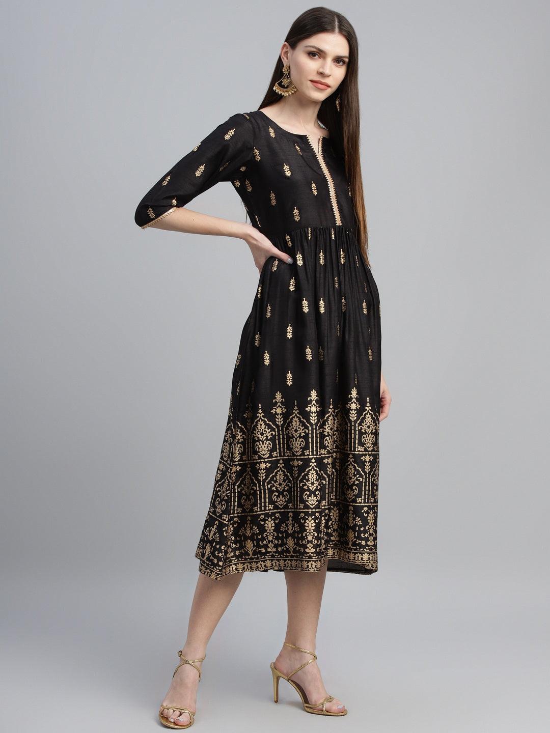 

Libas Ethnic Motifs Printed Fit & Flare Midi Ethnic Dress, Black