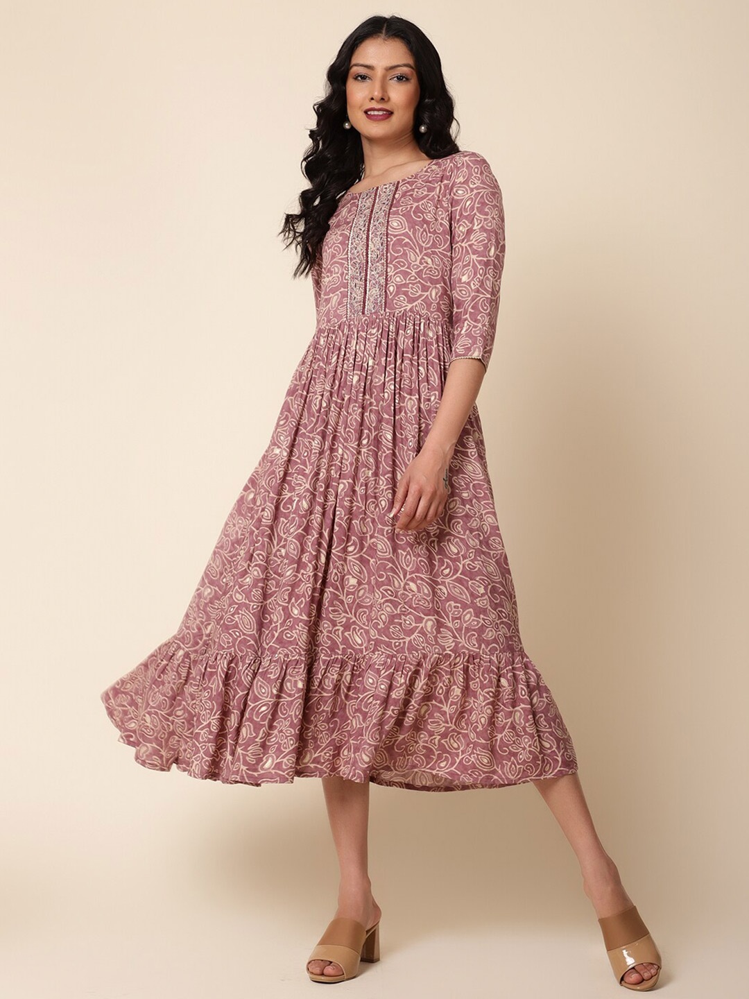 

Bani Women Ethnic Motifs Printed A-Line Midi Dress, Mauve