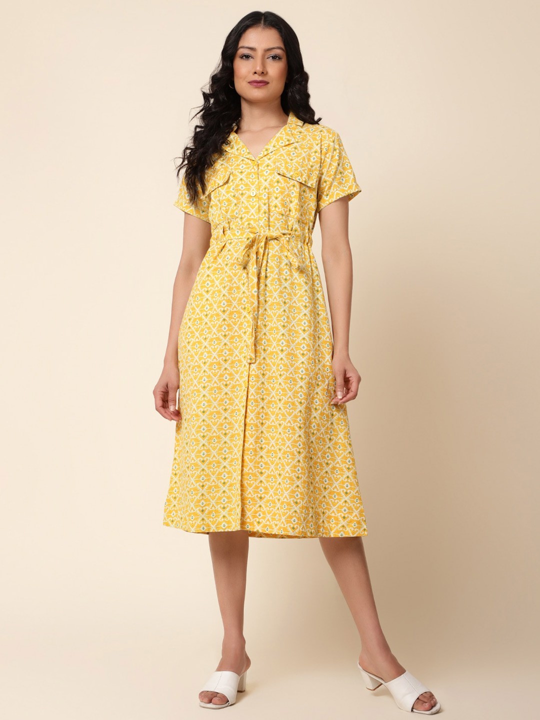 

Bani Women Ethnic Motif Printed Shirt Dress, Yellow