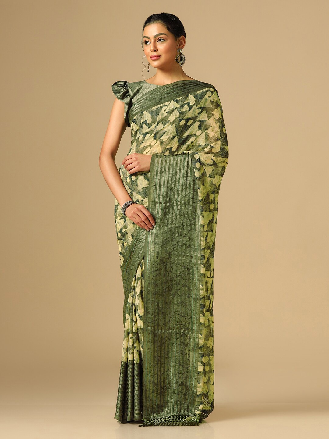 

Satrani Geometric Printed Poly Georgette Saree, Green